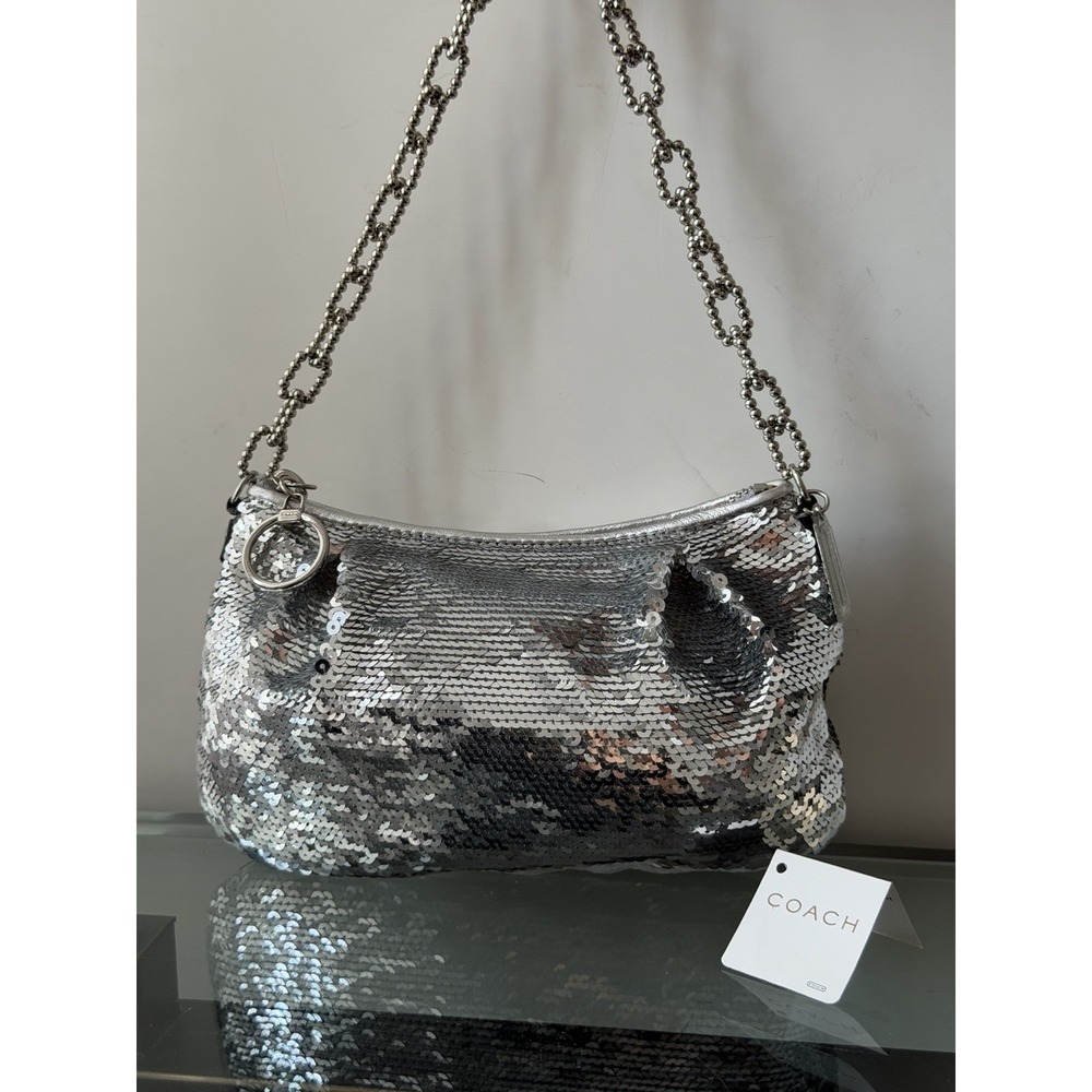Authentic COACH  Limited Edition Poppy Silver Sequin Baguette Shoulder Bag 14368